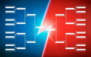 Tournament bracket template for 16 teams on bright blue and red background with flash