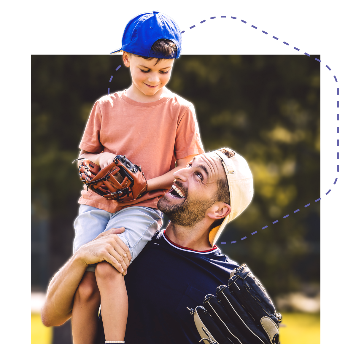 A parent holding up their baseball playing kid on their shoulder, excited to be on their way to play catch.
