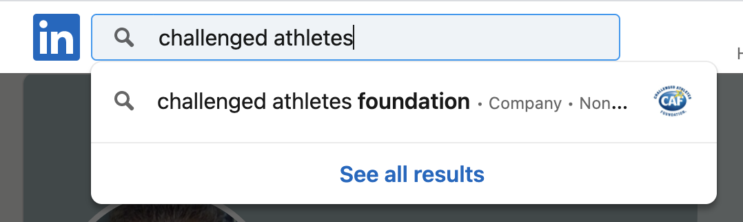 Screenshot of linkedin search results of challenged athletes